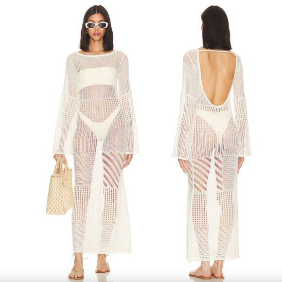 L'Academie Dresses & Skirts - L'Academie Evea Maxi Knit Maxi Dress in White Cream Long Sleeve Net Swim Coverup